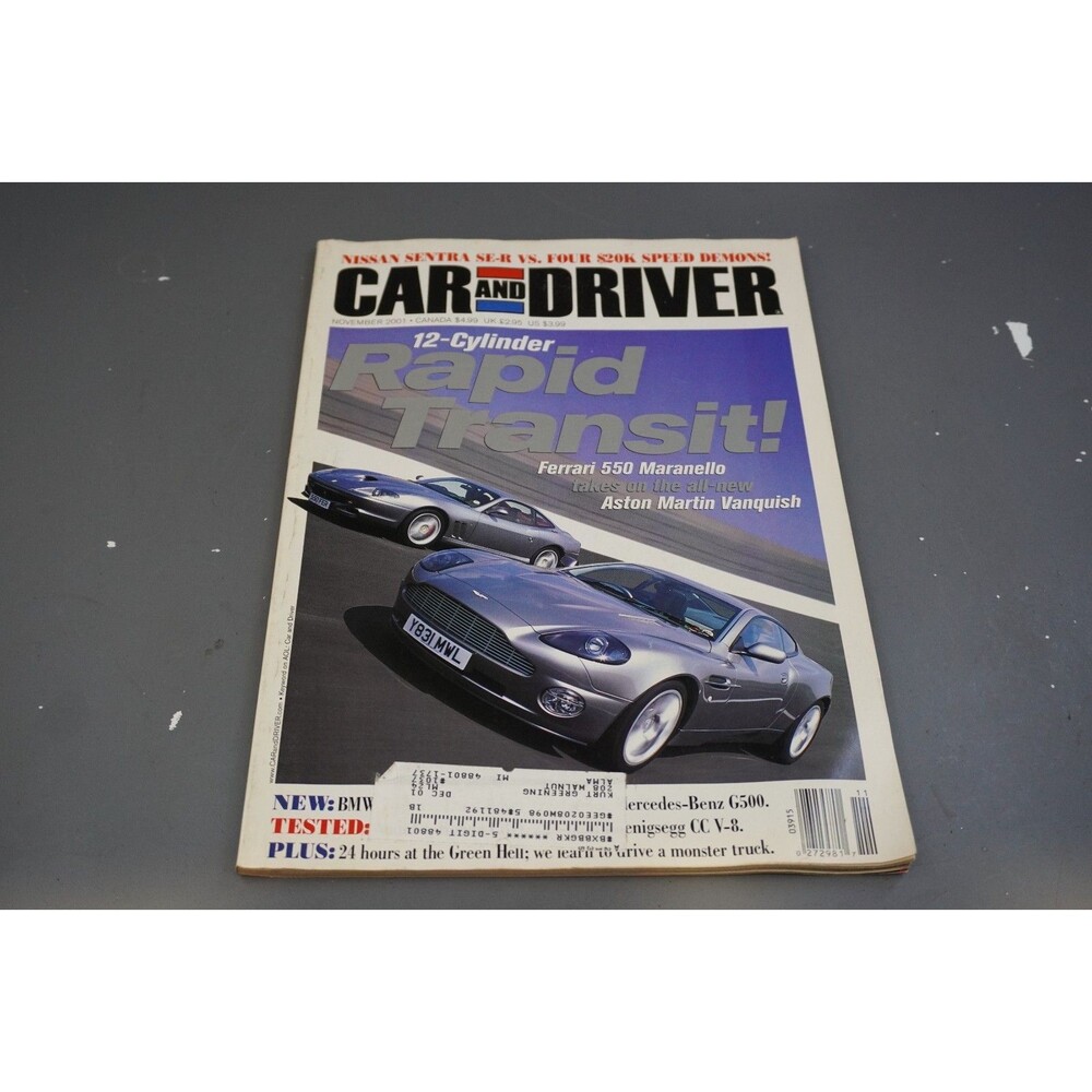 Car and Driver Magazine November 2001 Ferrari 550 Aston Martin Vanquish BMW 7
